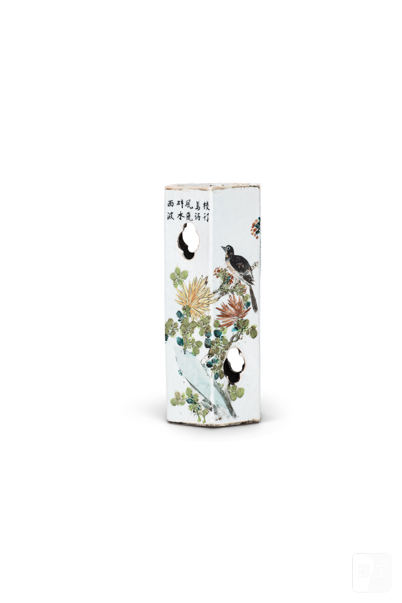 浅绛彩花鸟诗文六方帽筒 - 图1